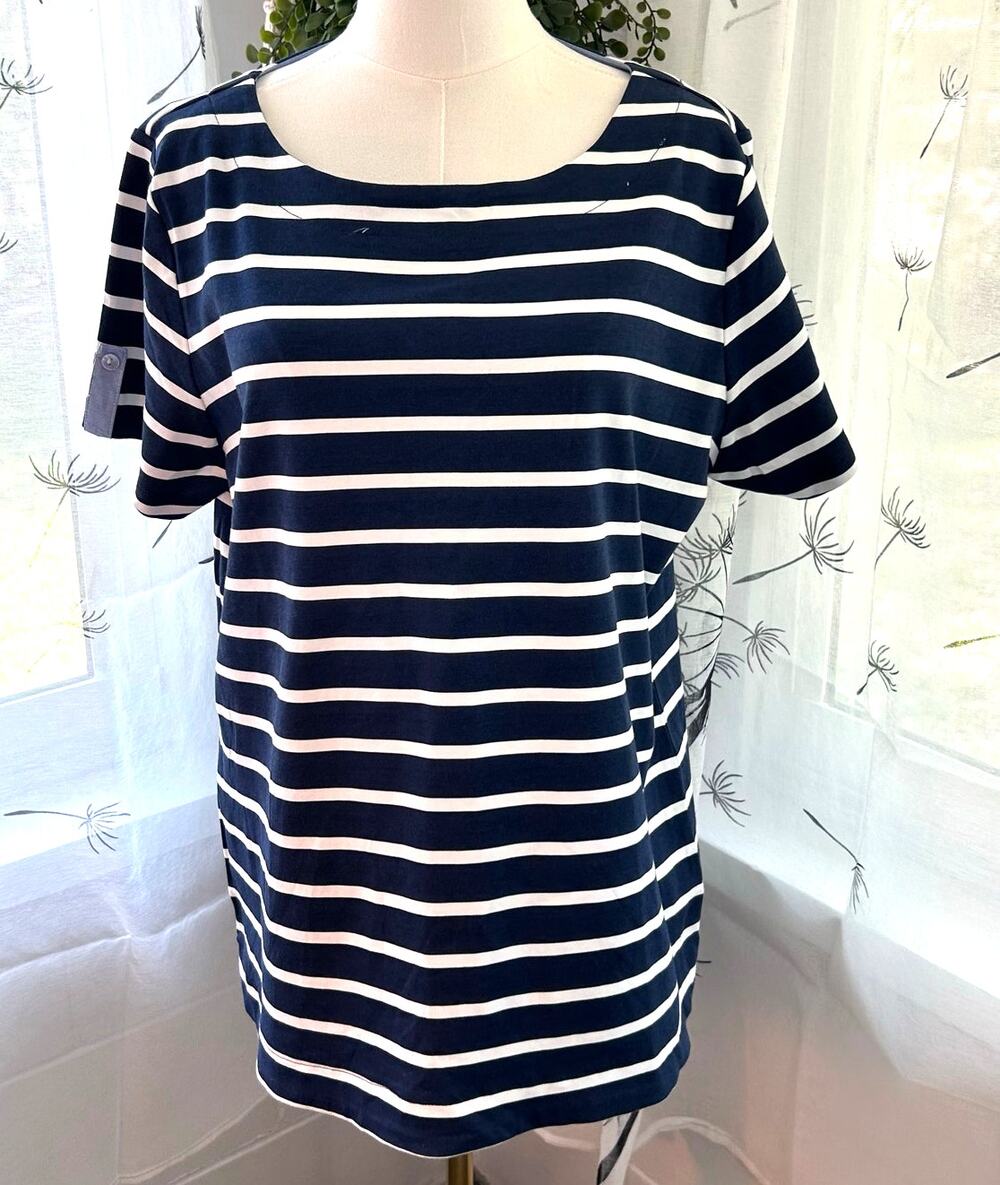 Kim Roger T Shirt XL Blue Striped Hi Low Hem Nautical Beach Casual Wear to Work